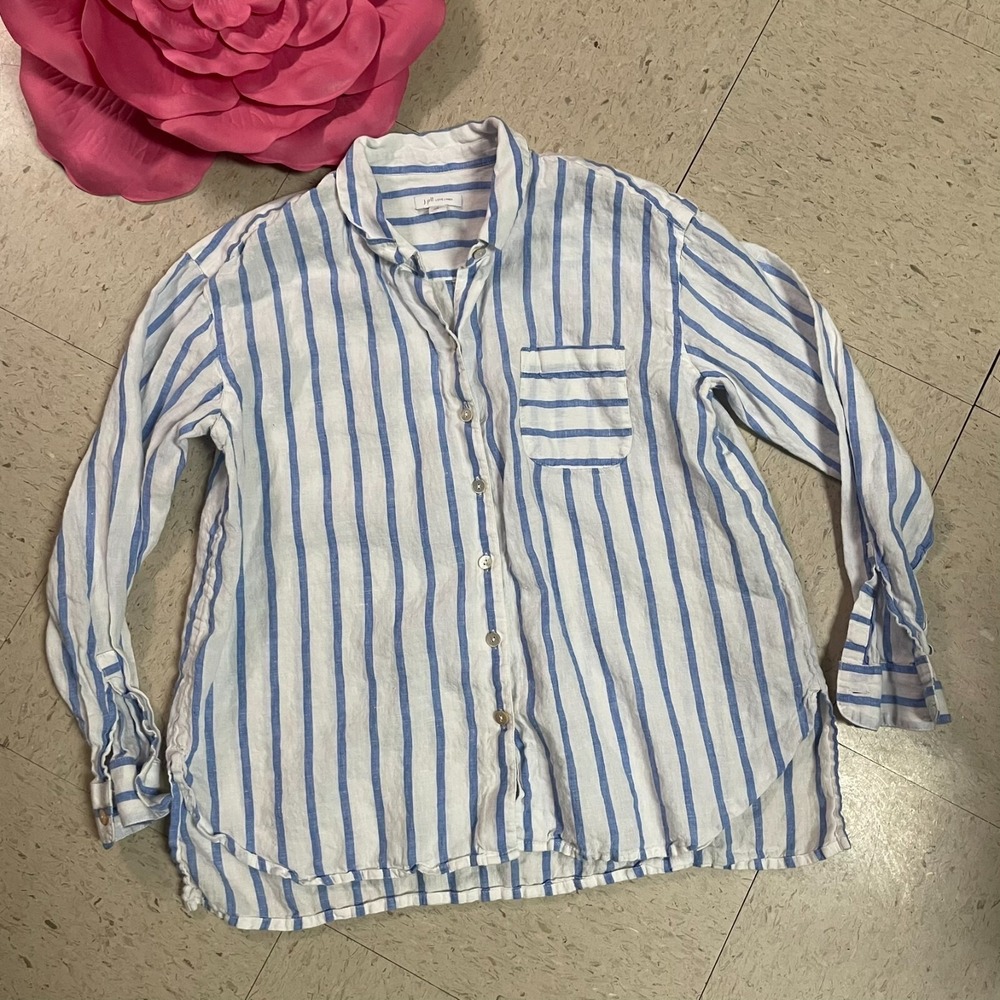 J JILL LOVE LINEN Sz S PETITE 100% Linen Button Down Shirt Long‎ Sleeve Striped